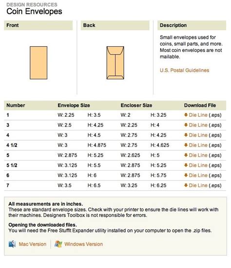 Coin Envelope Size Chart