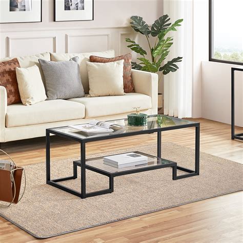Smile Mart Modern Glass Coffee Table With Metal Frame Black