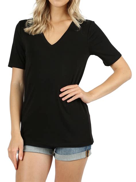 Zenana Women Casual V Neck Short Sleeve Basic Jersey T Shirt Tops Slim Fit Black L