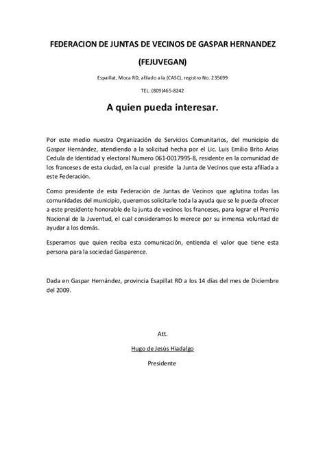 Carta De Federacion De Juntas De Vecinos De Gaspar Hernandez