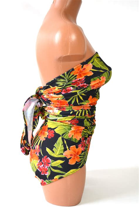 Medium Bathing Suit Tropical Flower Print Wrap Around Swimsuit Materni Hisopal Art~swimwear