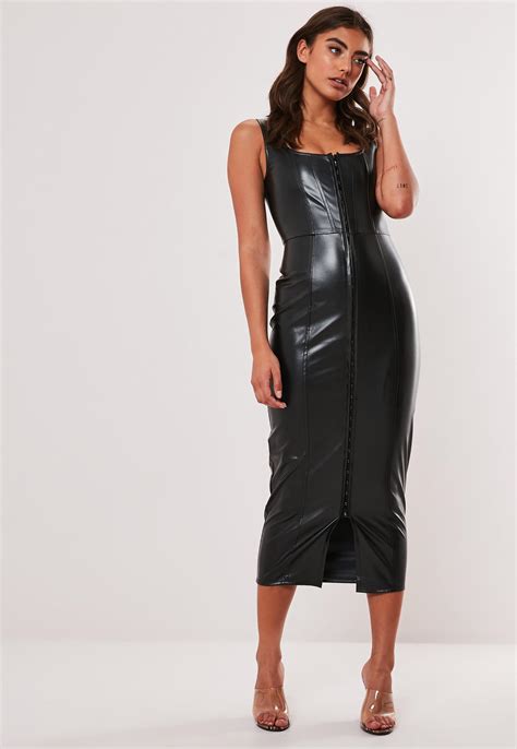 Black Faux Leather Bodycon Midi Dress Missguided Australia