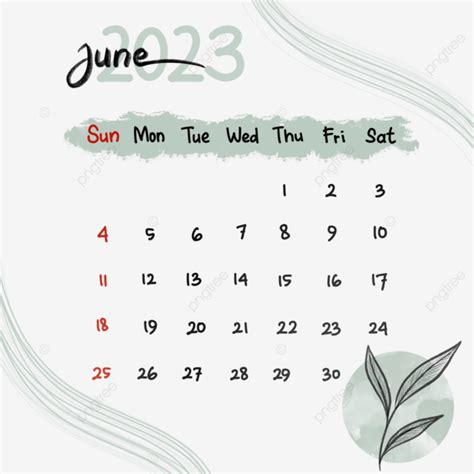Calendar June 2023 With Leaves Watercolor Art Calendar 2023 Date Png