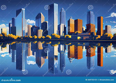 Houston Skyline With Color Buildings Blue Sky And Reflections Stock