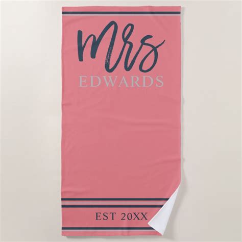 Summer Coral Navy Blue Stripes Mrs And Mr Matching Beach Towel