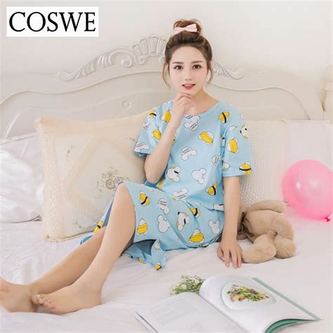 Coswe Summer Nightgowns Women Nightgown O Neck Short Sleeve Printed Cute Sleepwear Female