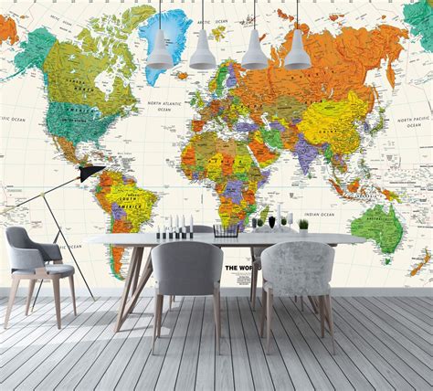 Bacaz 3d Colorful World Map Wallpaper Mural For Child Office Room Tv