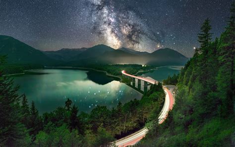 Download 1440x900 Wallpaper Milky Way Road Long Exposure Lake Night