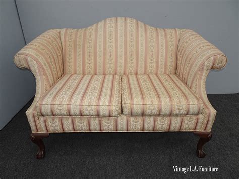 Vintage Ethan Allen French Country Pink Stripped Camelback Settee Loveseat