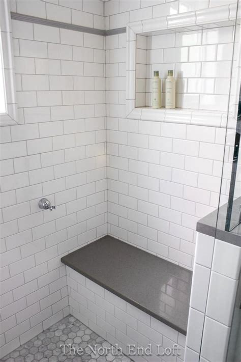 We Chose Shiny White Subway Tile With Light Gray Grout For The Walls With An Accent Line Of
