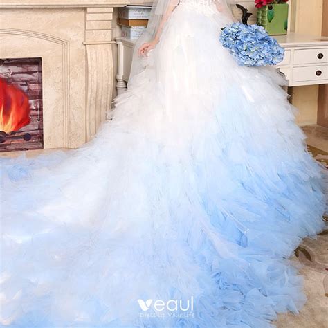 Stunning White Gradient Color Sky Blue Pierced Wedding Dresses 2017