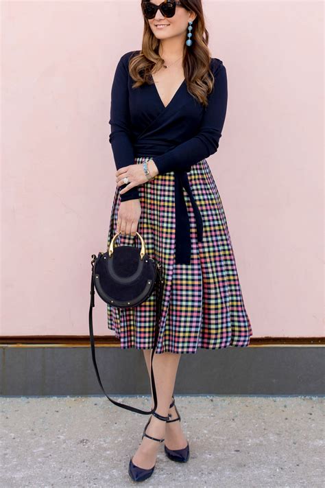 1901 Navy Check Pleated Midi Skirt And Navy Wrap Sweater