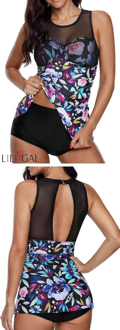 Printed Mesh Patchwork Cutout Back Swimdress And Panty Liligal