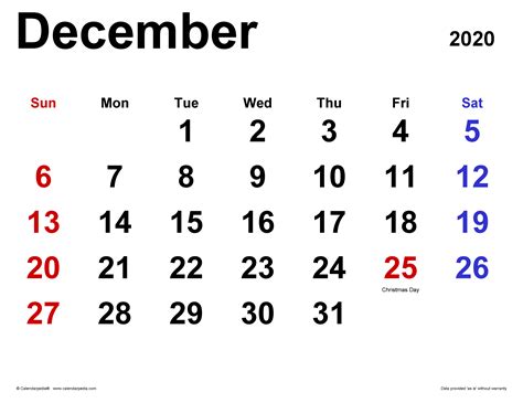 December 2020 Calendar Templates For Word Excel And Pdf