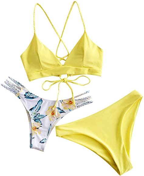 Zaful Damen Floral Geflochten Gitter Three Pieces Bikini Set Damen