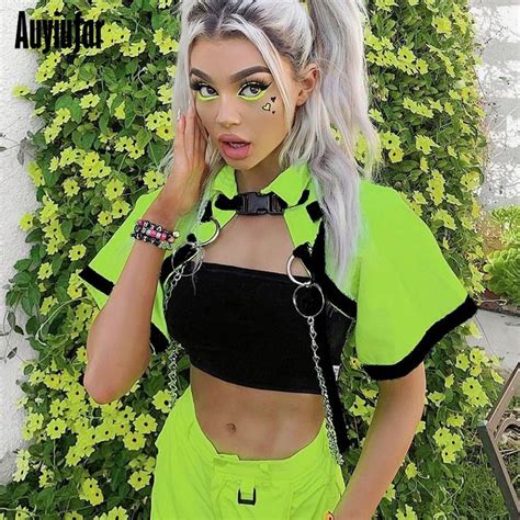Allneon Fashion Women Neon Green Cropped Jacket Short Sleeve Casual