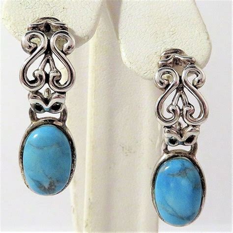Signed Barse Sterling Silver Filigree Turquoise Cabochon Drop Hoop
