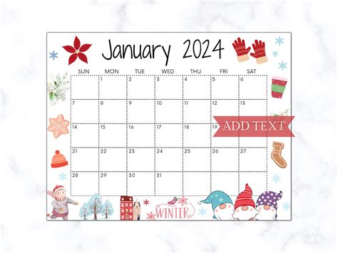 Editable January Calendar 2024 Printable Wall Calendar 2024 Etsy