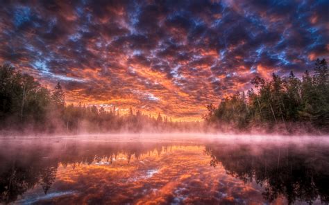 Sunset Lake Vapor Mist Heavy Clouds Red Sky Shadows Pine