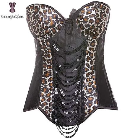 Overbust Leopard Print Corset Top Sexy Women Padded Bra Cup Bustier Sequins Decoration Corselet