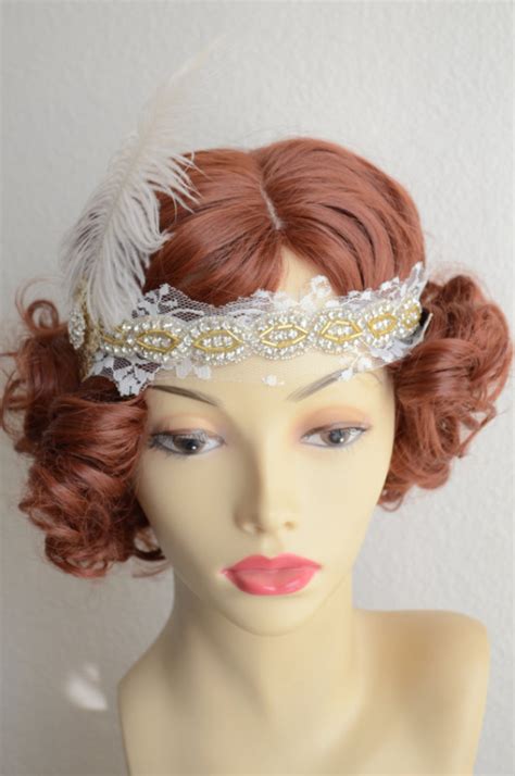 READY TO SHIP Lace Feather Headband Rhinestone Beaded Headband Aftcra