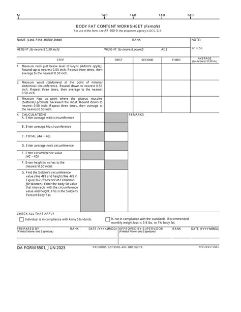 Da Form 5501 Download Fillable Pdf Or Fill Online Body Fat Content