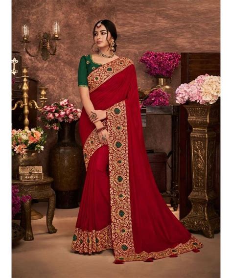 Red Coloured Embroidered Bhagalpuri Silk Saree With Blouse