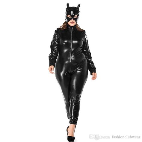 2019 Plus Size Halloween Catwoman Costume Sexy Black Faux Leather