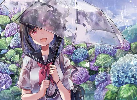 Anime School Girl Transparent Umbrella Raining Colorful Flowers