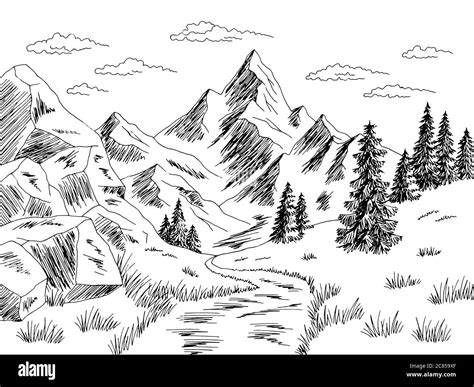 Mountain Road Graphic Black White Landscape Sketch Illustration Vector