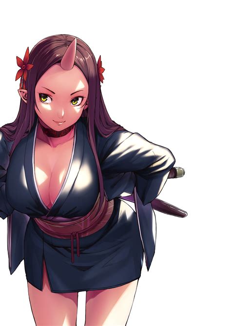 Wallpaper Long Hair Anime Girls Brunette Horns Cartoon Black Hair Cleavage Chinese