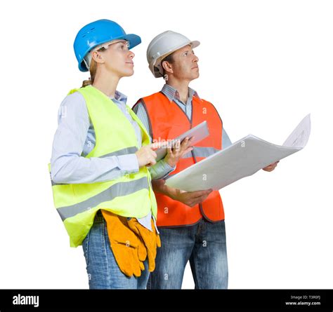 Foreman And Engineer With Blueprints Isolated On White Stock Photo Alamy