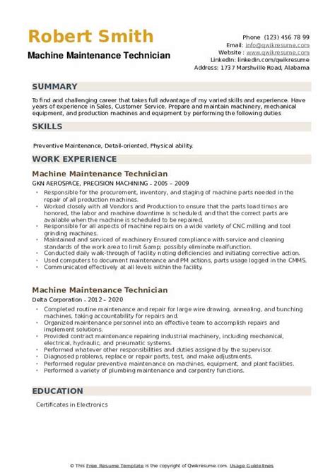 Machine Maintenance Technician Resume Samples Qwikresume