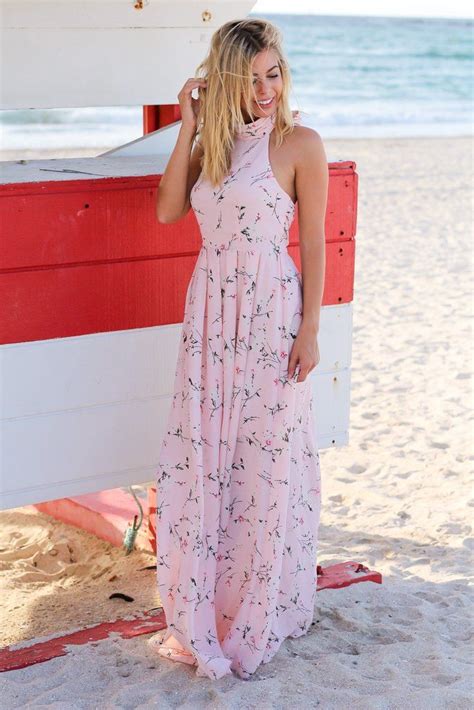 Blush Floral Halter Neck Maxi Dress In 2020 Blush Pink Maxi Dress