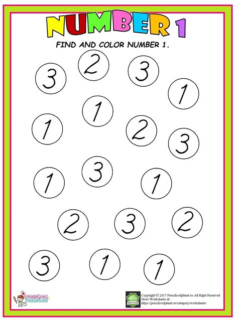 Color Number 1 Worksheet Preschool Worksheets Counting Worksheets