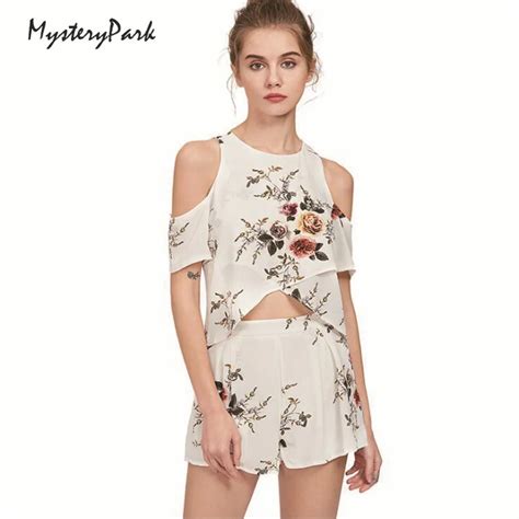 Mysterypark 2018 Summer Beach Suits 2 Two Piece Set Women Floral Print Chiffon Shirt With Shorts