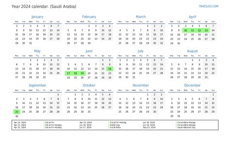 Calendar For 2024 With Holidays In Saudi Arabia Print And Download