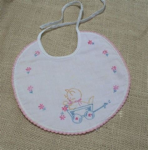 Vintage Baby Bib Embroidered Bib Pink Bib With Kitten Embroidery Craft