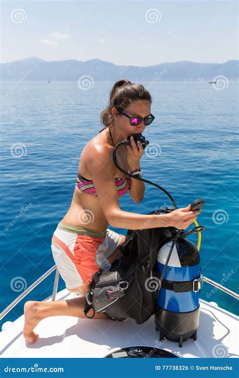Female Scuba Diver Is Checking Her Equipment Stock Photo Image Of