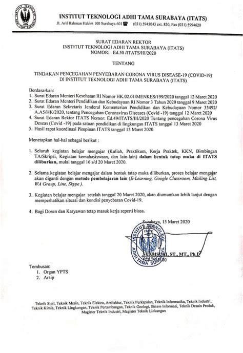 Surat Edaran Rektor Institut Teknologi Adhi Tama Surabaya Itats Nomor
