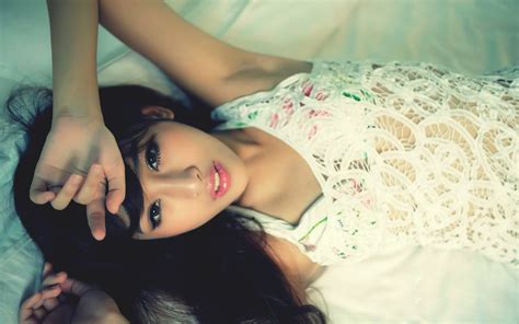 Asian Women Model Face Dark Hair Dark Eyes Lipstick Lying On