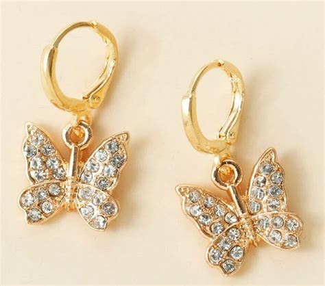 Rhinestone Butterfly Drop Earrings In Gold Etsy Uk