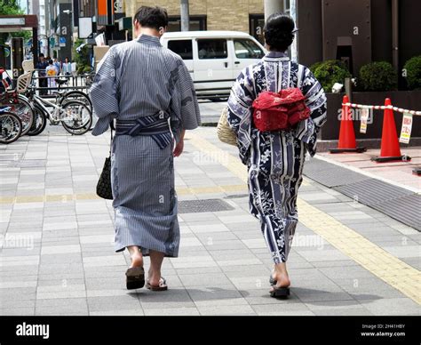 Japanese People Couple Lovers Wearing Traditional Japan Clothes Yukata