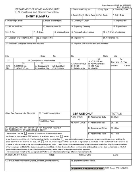 Us Customs Form Cbp Form 7501 Entry Summary With