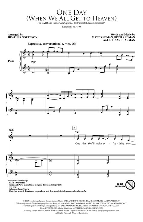 One Day When We All Get To Heaven Arr Heather Sorenson Sheet Music