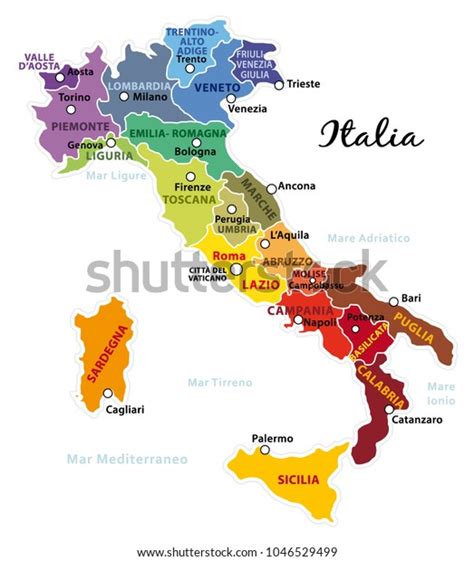 Beautiful Colorful Map Italy Italian Regions Stock Vector Royalty Free