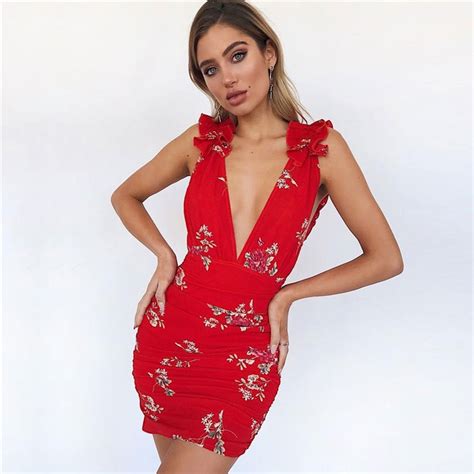 Women Deep V Neck Red Print Floral Dress 2018summer Sexy Backless