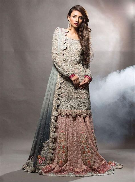 Ash Grey Short Shirt With Pink Lehnga Bridal Dress Design Pakistani