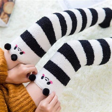 Panda Blackwhite Striped Kawaii Thigh High Socks In 2021 Thigh High