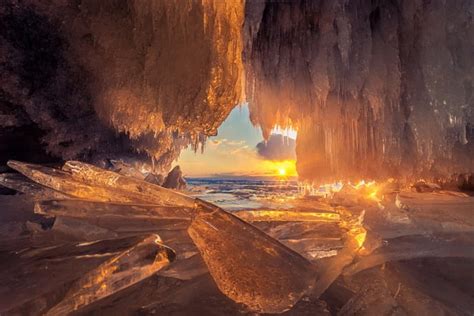 Winter Sunset View From An Ice Cave Lovely Baikal Bonito Sunset